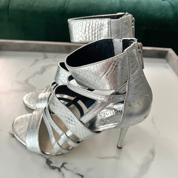 Michael Kors Shiloh Metallic Silver Snakeskin High Heel Sandals Size 9.5 - Picture 4 of 10